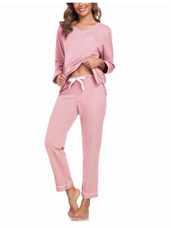 Women's 100% Cotton Pajama Set with V-Neck, Long Sleeves & Long Pants, 2-Piece Sleepwear with Pocket(Pink, Medium)