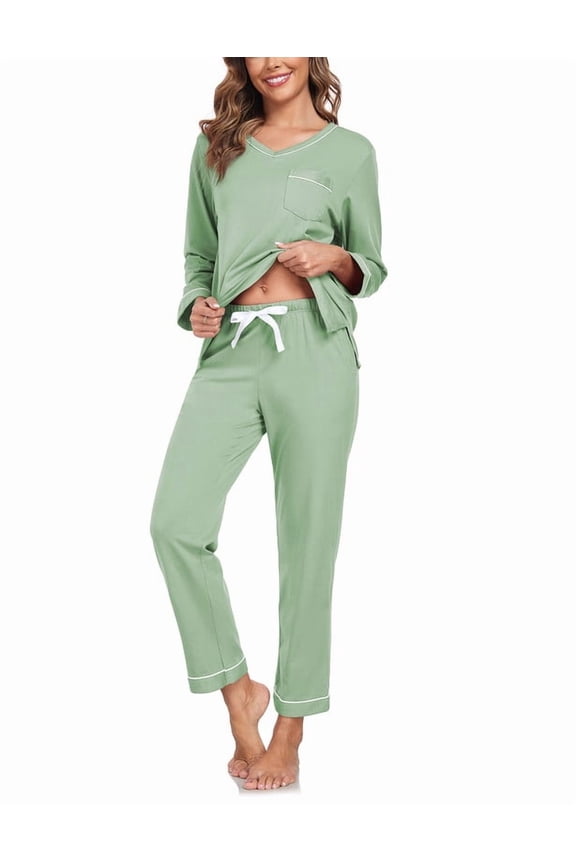 Women's 100% Cotton Pajama Set with V-Neck, Long Sleeves & Long Pants, 2-Piece Sleepwear with Pocket(Sage Green, Medium)