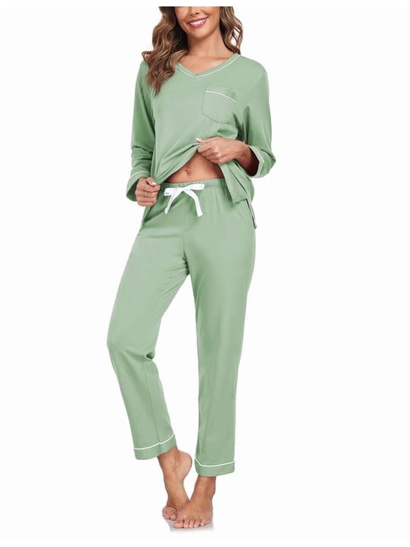 Women's 100% Cotton Pajama Set with V-Neck, Long Sleeves & Long Pants, 2-Piece Sleepwear with Pocket(Sage Green, Medium)