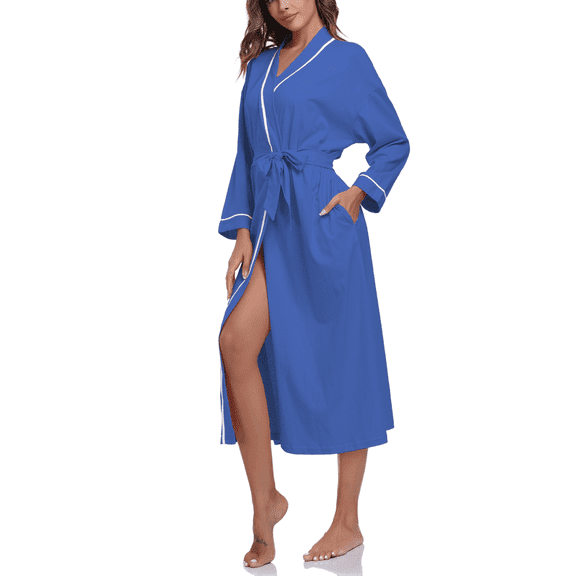 MAYFISH Women's 100% Cotton Robes Lightweight Kimono Long Soft Bathrobe for Women with Pockets(Blue,2XL)