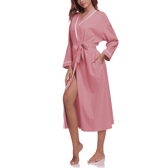 MAYFISH Women's 100% Cotton Robes Lightweight Kimono Long Soft Bathrobe for Women with Pockets(DustyRose,2XL)