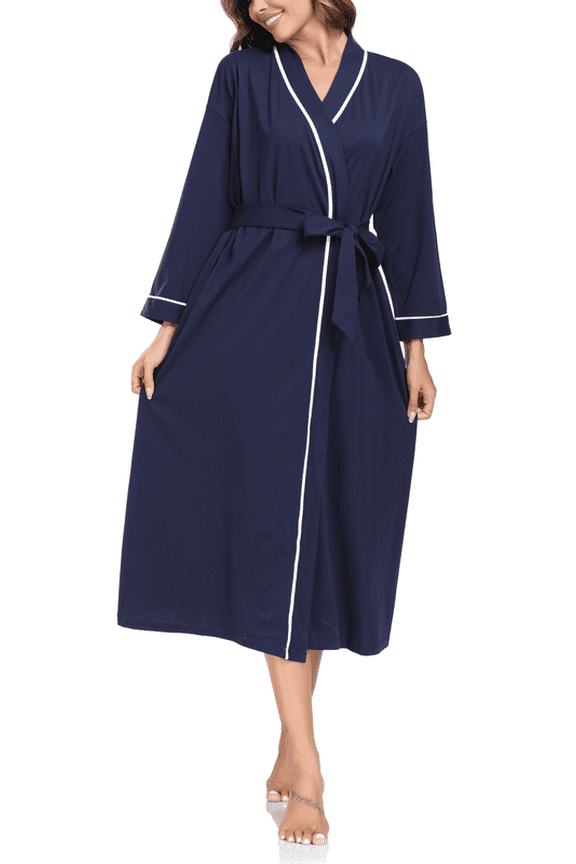 Women's 100% Cotton Robes Lightweight Kimono Long Soft Bathrobe for Women with Pockets(NavyBlue,2XL)