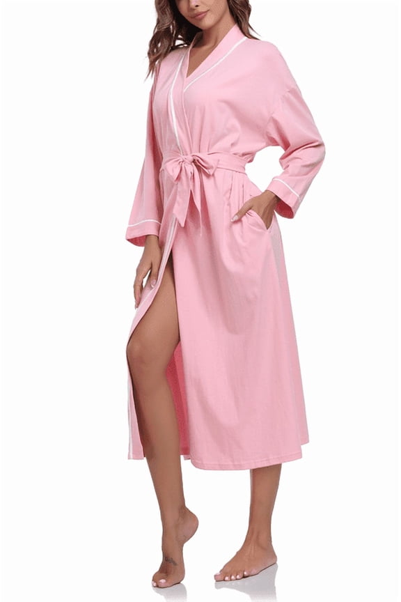 Women's 100% Cotton Robes Lightweight Kimono Long Soft Bathrobe for Women with Pockets(Pink,L)