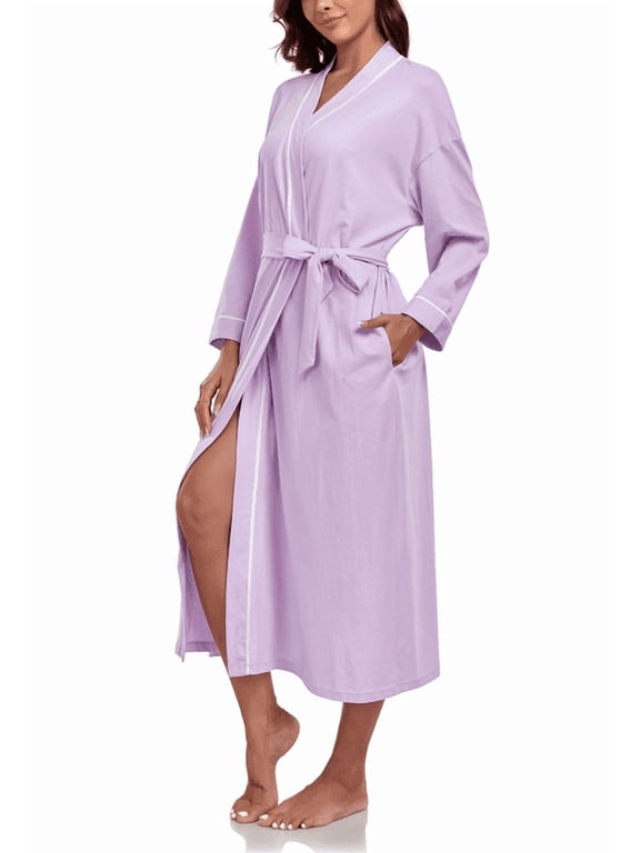 Women's 100% Cotton Lightweight Long Kimono Robe, Soft Bathrobe for Women with Pockets(Purple,XL)