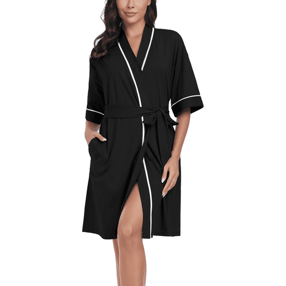 MAYFISH Women's 100% Cotton Summer Short Robes Lightweight Spa Robe Soft Knit Kimono Bathrobes with Pockets(Black,M)