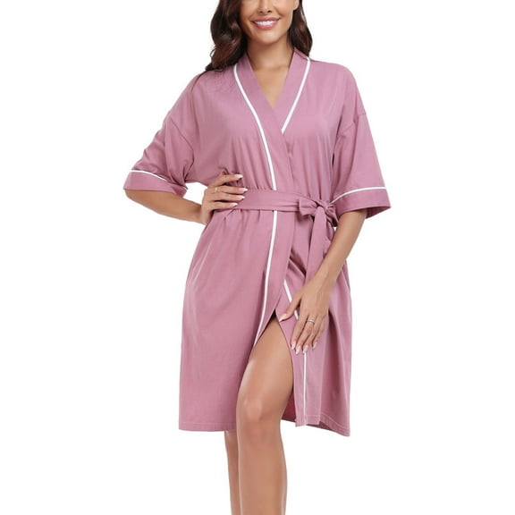 MAYFISH Women's 100% Cotton Summer Short Robes Lightweight Spa Robe Soft Knit Kimono Bathrobes with Pockets (Dusty Rose,S)