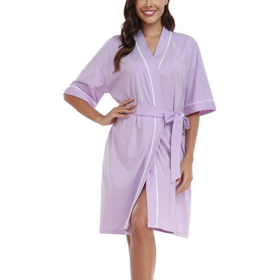 MAYFISH Women's 100% Cotton Summer Short Robes Lightweight Spa Robe Soft Knit Kimono Bathrobes with Pockets (Purple,L)