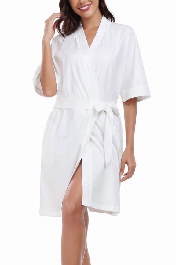 Women's 100% Cotton Summer Short Robes Lightweight Spa Robe Soft Knit Kimono Bathrobes with Pockets(White,S)