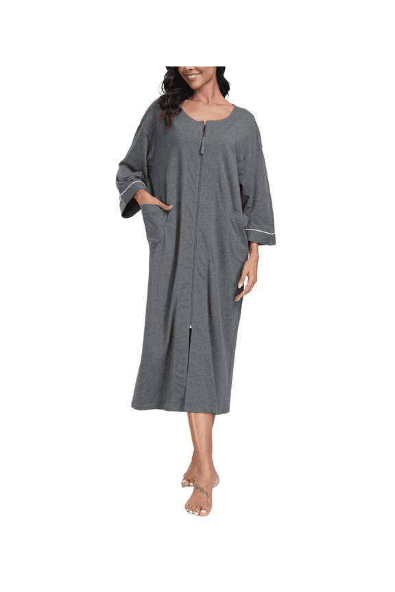 Women's 3/4 Sleeve Lightweight Bathrobes: 100% Cotton Zipper Robes with Pockets, Perfect Loungewear(Dark Grey,2XL)