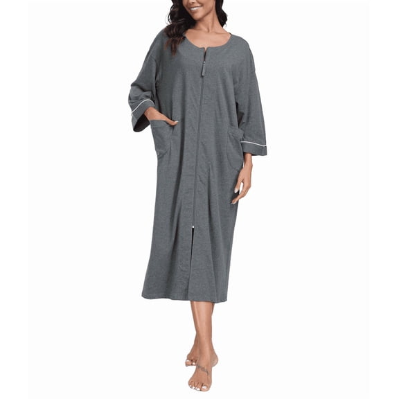MAYFISH Women's 3/4 Sleeve Lightweight Bathrobes: 100% Cotton Zipper Robes with Pockets, Perfect Loungewear(Dark Grey,L)
