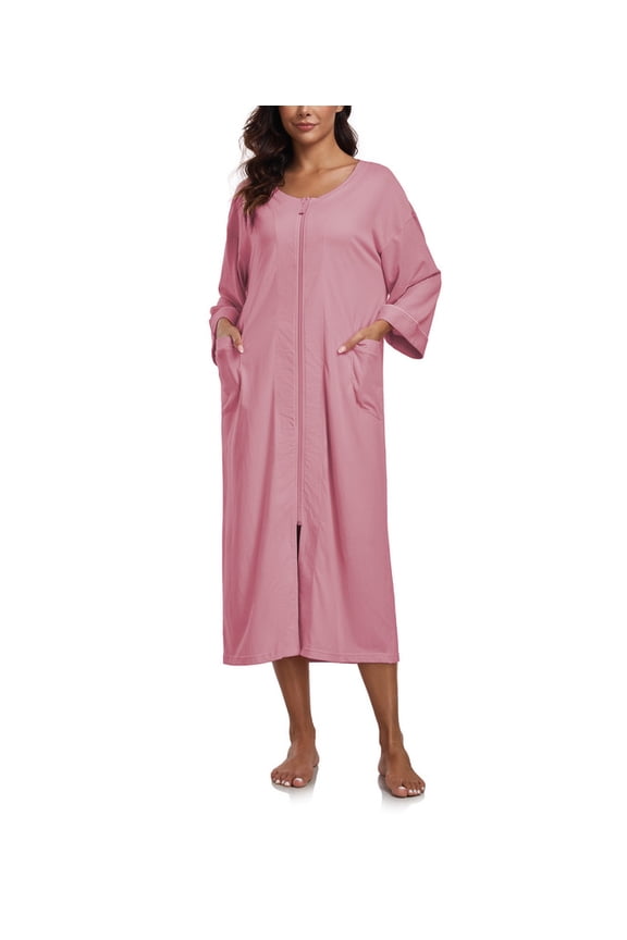 Women's 3/4 Sleeve Lightweight Bathrobes: 100% Cotton Zipper Robes with Pockets, Perfect Loungewear(Dusty Rose,L)