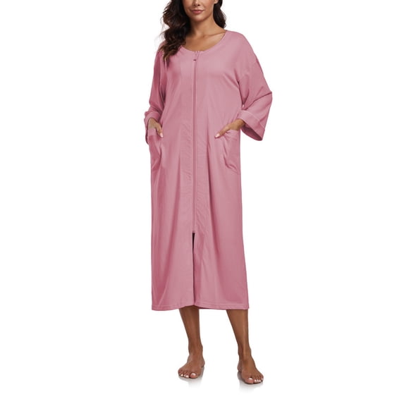 MAYFISH Women's 3/4 Sleeve Lightweight Bathrobes: 100% Cotton Zipper Robes with Pockets, Perfect Loungewear(Dusty Rose,M)