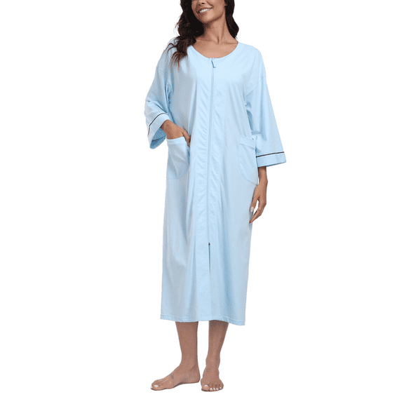 MAYFISH Women's 3/4 Sleeve Lightweight Bathrobes: 100% Cotton Zipper Robes with Pockets, Perfect Loungewear(Light Blue,2XL)
