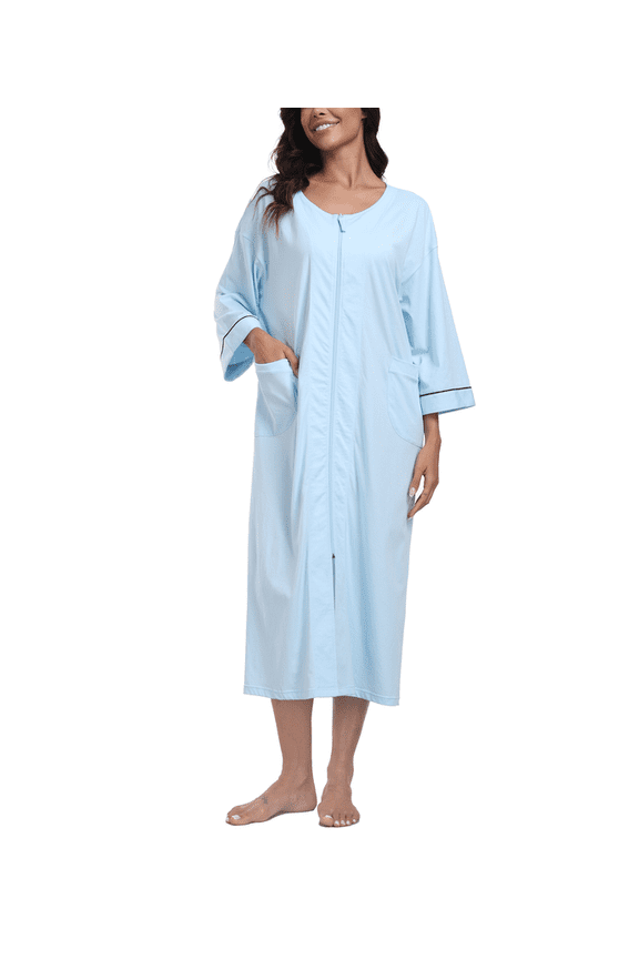 Women's 3/4 Sleeve Lightweight Bathrobes: 100% Cotton Zipper Robes with Pockets, Perfect Loungewear(Light Blue,XL)