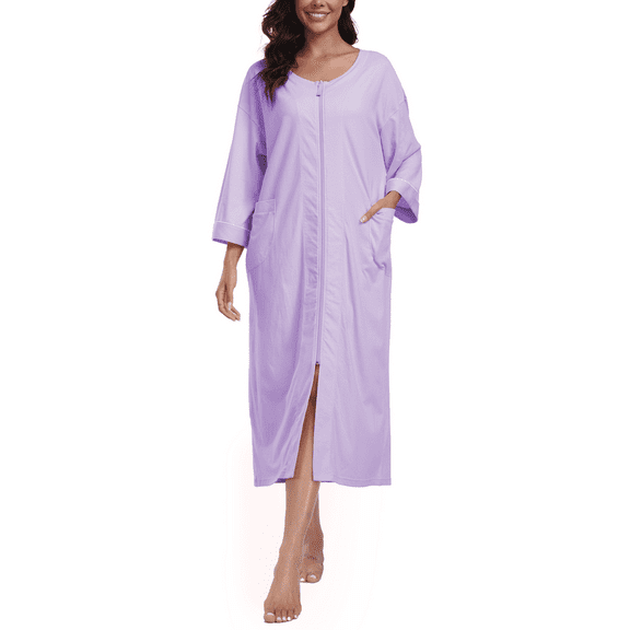MAYFISH Women's 3/4 Sleeve Lightweight Bathrobes: 100% Cotton Zipper Robes with Pockets, Perfect Loungewear(Light Purple,L)