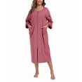 thumbnail image 1 of MAYFISH Women's 3/4 Sleeve Lightweight Bathrobes: 100% Cotton Zipper Robes with Pockets, Perfect Loungewear(Purplish Red,2XL), 1 of 5
