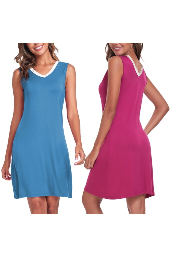 Womens Bamboo Rayon Nightgowns Sleeveless Cooling Nightshirts Soft V Neck Tank Sleep Shirts S-XXL(Rose Pink&Blue, L)