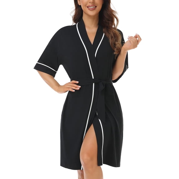 MAYFISH Womens Short Robes Bamboo Lightweight Kimono Bathrobe Soft Knee Length Thin Robe for Women(Black,XL)