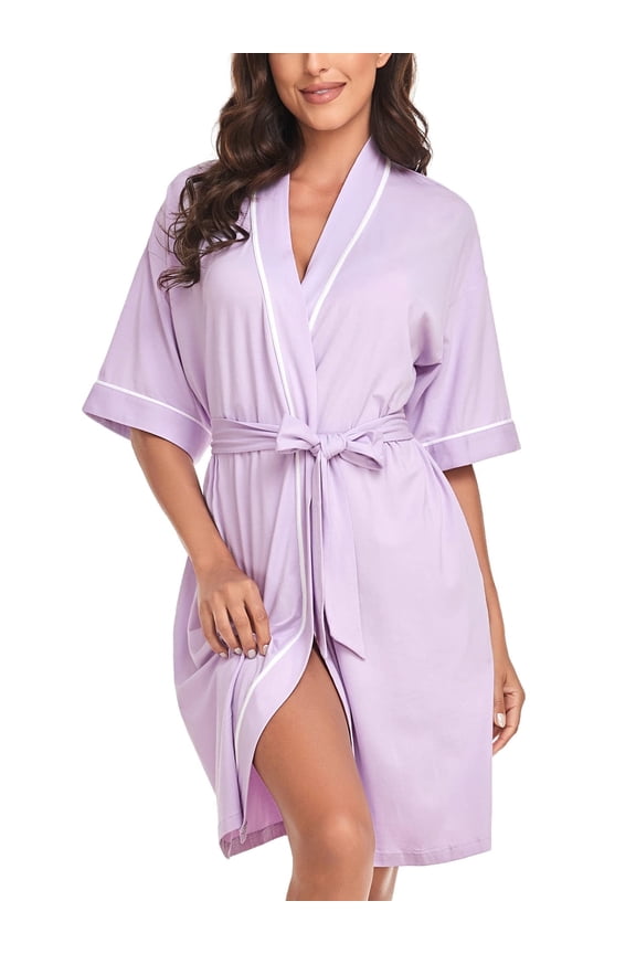 Womens Short Robe Cotton Bamboo Rayon Blend Lightweight Kimono Bathrobe Soft Breathable Knee Length(Light Purple,M)