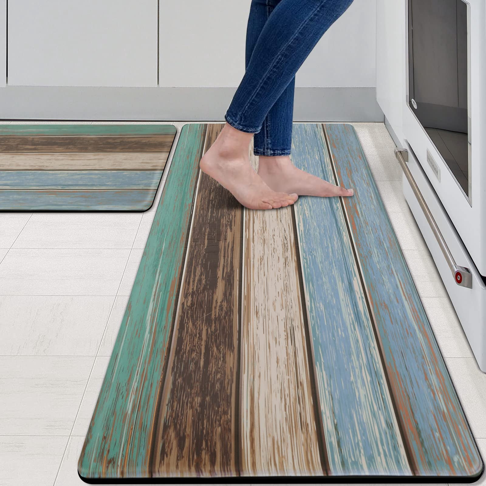 Rustic Mat Rrof MAYHMYO Kitchen Rugs and Mats Set of 2 Teal Farmhouse Anti Fatigue Mat ...
