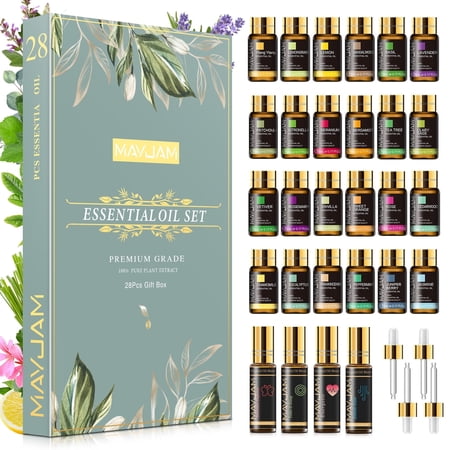 MAYJAM 28 Pack Essential Oils Gift Set, Assorted Aromatherapy Oils for Diffusers, Humidifiers, Car Freshener, Skin Care, Relaxation, DIY Candle Soap and Bath Bomb Making