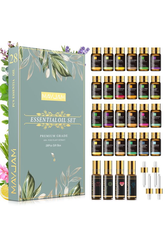 28 Pack Essential Oils Gift Set, Assorted Aromatherapy Oils for Diffusers, Humidifiers, Car Freshener, Skin Care, Relaxation, DIY Candle Soap and Bath Bomb Making