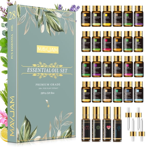 MAYJAM 28 Pack Essential Oils Gift Set, Assorted Aromatherapy Oils for Diffusers, Humidifiers, Car Freshener, Skin Care, Relaxation, DIY Candle Soap and Bath Bomb Making