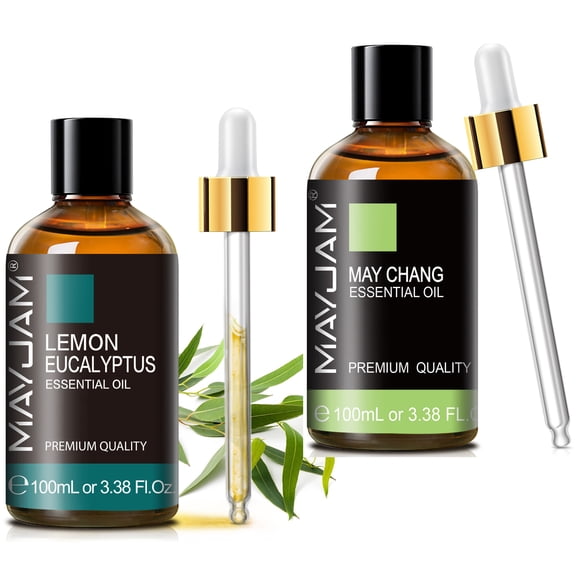 MAYJAM 2PCS Premium Essential Oil for Diffuser, Aromatherapy, Skin, Massage, Candle Making Fragrance, May Chang and Lemon Eucalyptus Oil