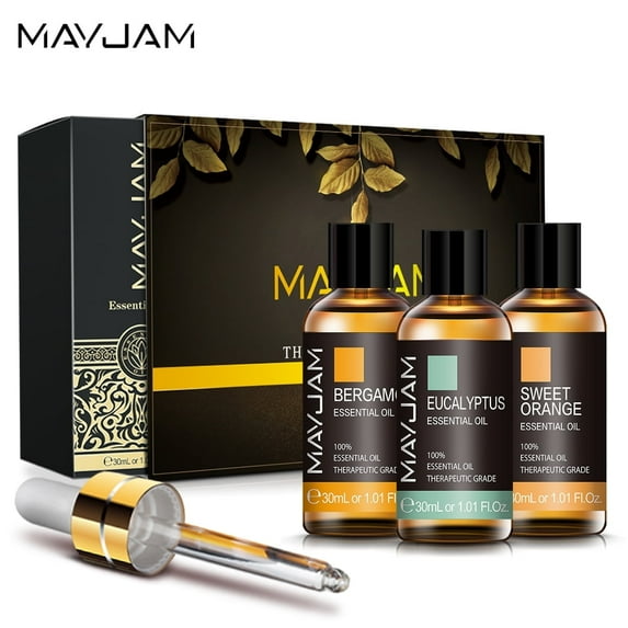 MAYJAM 3 Pack 30ML Essential Aromatherapy Oils Gift Set for Diffusers, Home Care, Bergamot, Sweet Orange, Eucalyptus