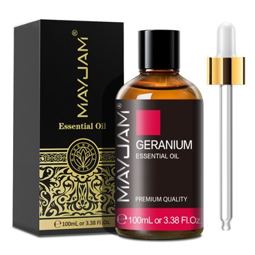 MAYJAM Geranium Essential Oil 100ML (3.38 FL Oz), Pure Undiluted Floral Aromatherapy Oil for Diffusers, Humidifiers, Car Freshener, Skin Care, Massage, DIY Candle Soap Bomb Making