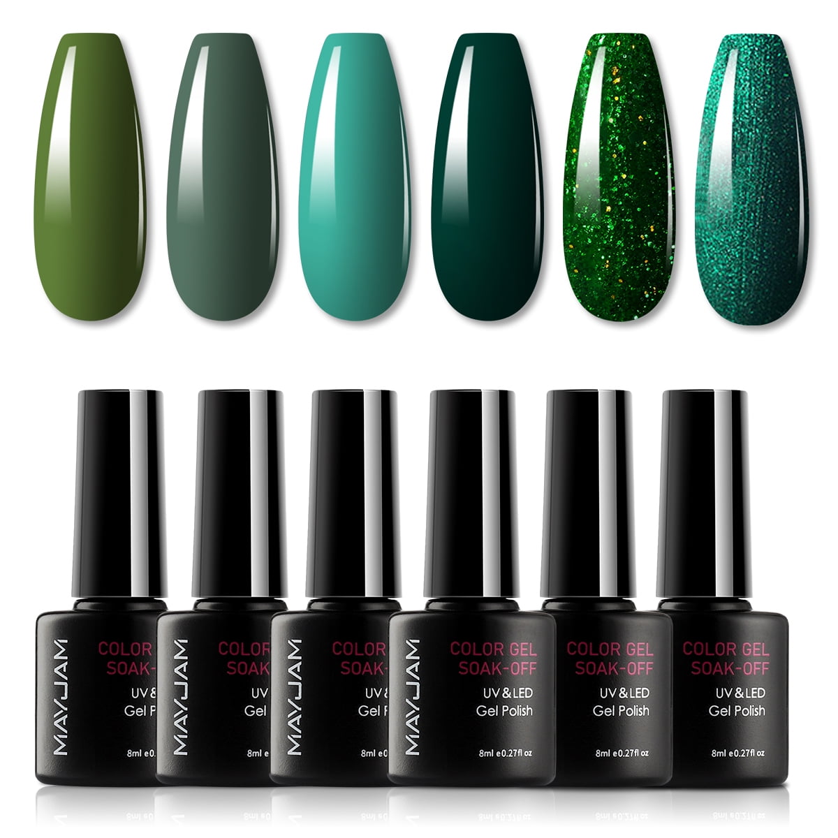MAYJAM Green Teal Gel Nail Polish Set, 6Pcs Green Glitter Gel Nail