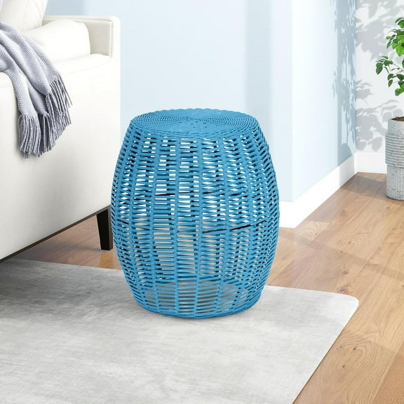 MAYPEX Patio Resin Wicker Side Table Barrel End Table Metal Frame Storage Basket Blue