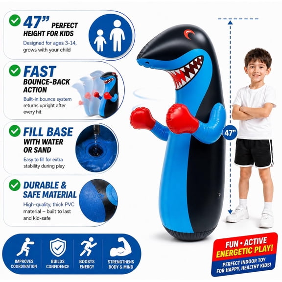 MAYYAD Inflatable Punching Bag for Kids - 47 inches - Blue Shark