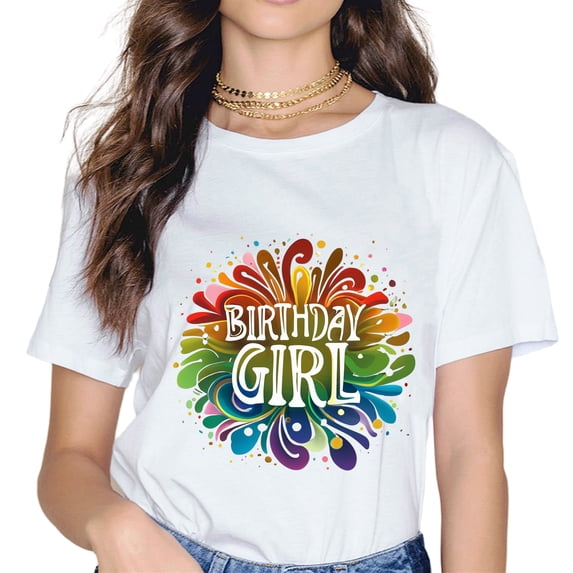 MAYZERO BIRTHDAY GIRL Floral Print Casual Crew Neck Tee Lightweight white Top