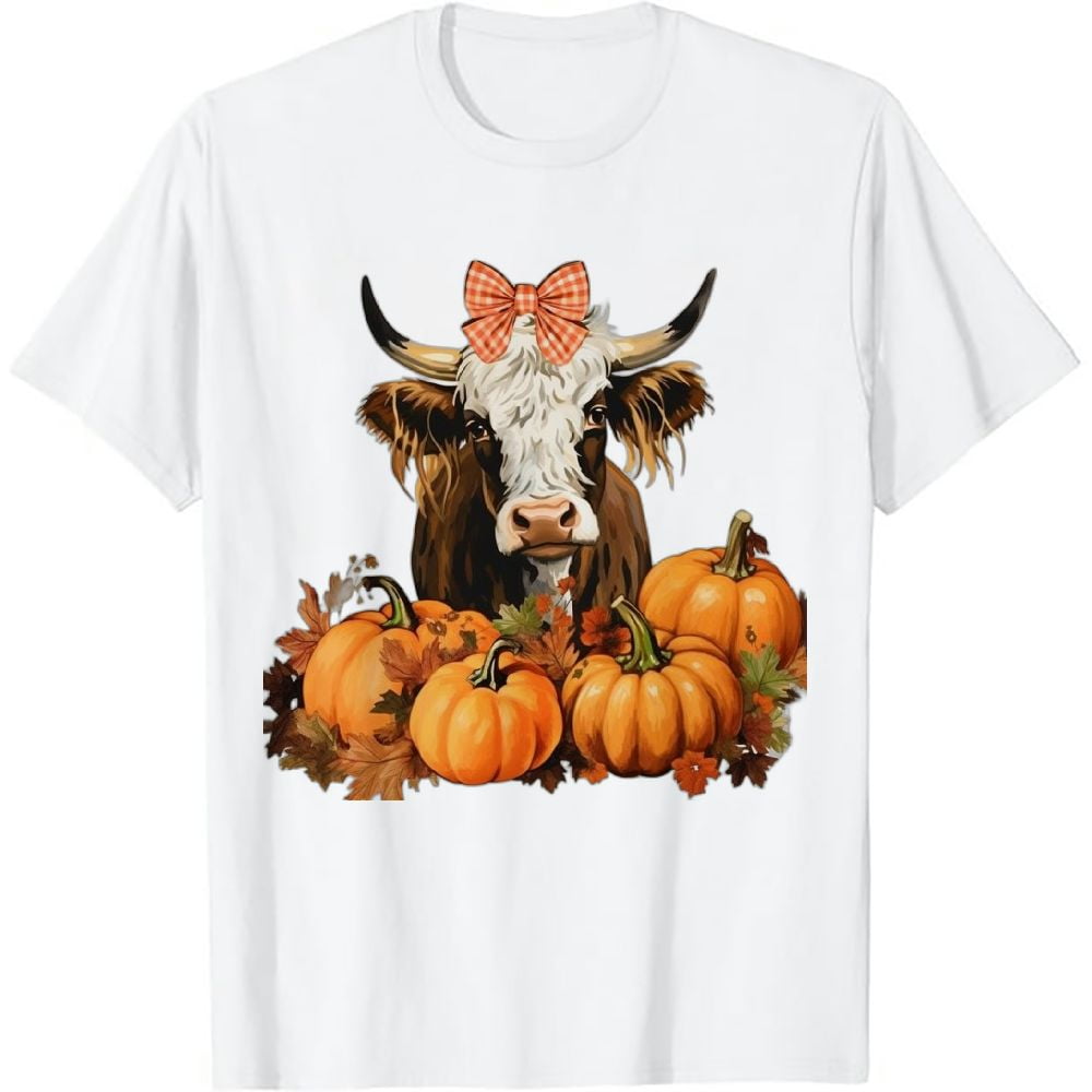 MAYZERO Black T shirt Fall Highland Cow With Bandana And Pumpkins ...