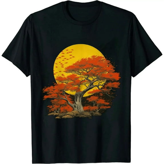 MAYZERO Black T shirt Full Moon Flock Of Birds Tree Outdoor Wildlife Nature Forest T-Shirt 1918