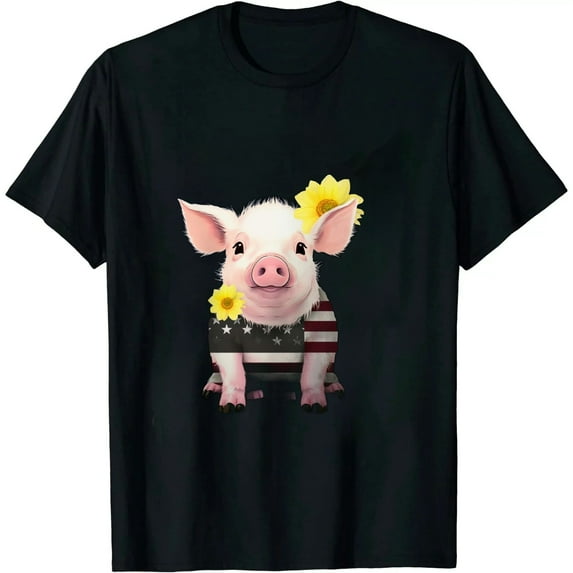 MAYZERO Black T shirt USA Flag Pig Sunflower Funny Piglet Pig Lover Gift T-Shirt 061