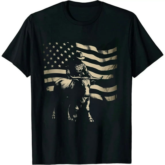 MAYZERO Black T shirt Vintage American Flag Bucking Bull Riding Patriotism Rodeo T-Shirt 0726
