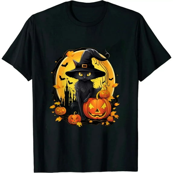 MAYZERO Black T shirt Vintage Black Cat Witch Scary Halloween Costume T-Shirt 050