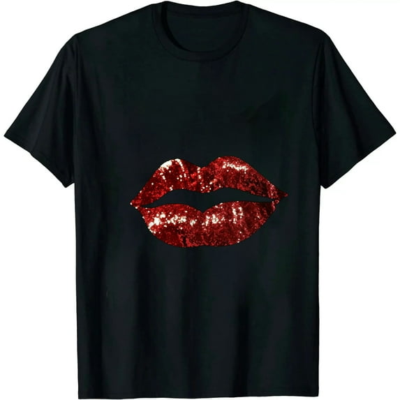 MAYZERO Black T shirtRed Kissing Lipstick Glitter, Lips Kiss Red Lips Valentine T-Shirt 0403