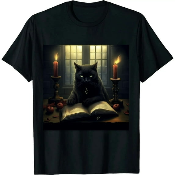 MAYZERO Black T shirtRetro Black Cat Reading Book Vintage Halloween Book Lover T-Shirt 040