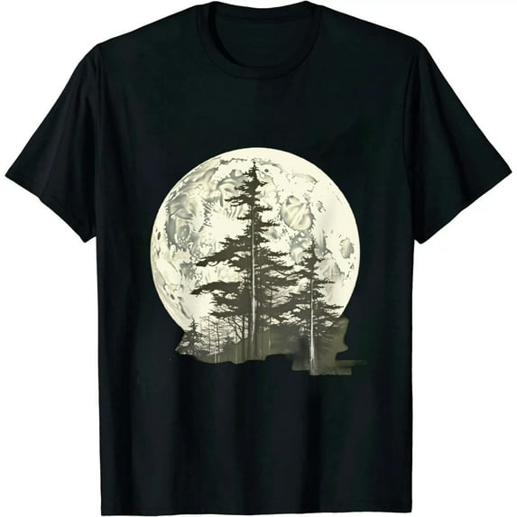 MAYZERO Black T shirtRetro Full Moon & Minimalist Pine Tree Vintage Graphic T-Shirt 1991