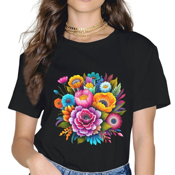 MAYZERO Colorful Peony Flower Printed Pattern Casual Round Neck T-Shirt