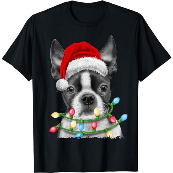 MAYZERO Fashion T shirt Boston Terrier Santa Christmas Tree Lights Xmas Boys Men Dog T-Shirt