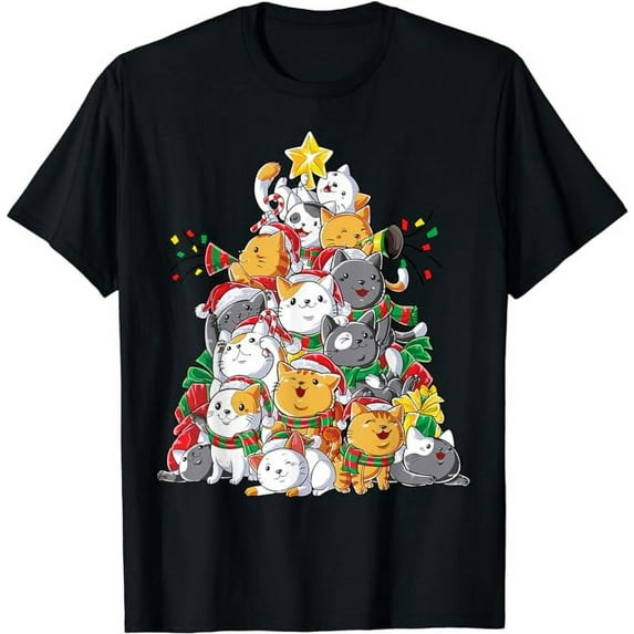 MAYZERO Fashion T shirt Cat Christmas Tree Xmas Girls Boys Funny Meowy Catmas Santa Short Sleeve, T-Shirt