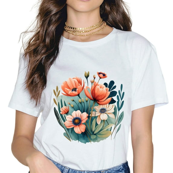 MAYZERO Floral Printed Motif Casual Round Neck T-Shirt Summer Top