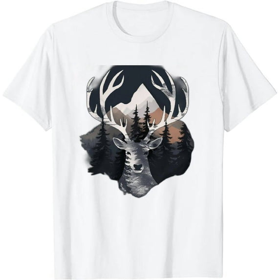MAYZERO White T shirtSilhouette Buck Deer Artwork - Forest Wildlife Animal Lover T-Shirt 1981