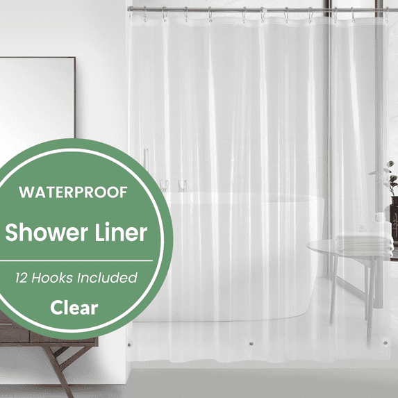 MAZBFF Clear PEVA Shower Curtain Liner with 12 Hooks, 72 x 72 Inches, Waterproof, Magnetic Bottom