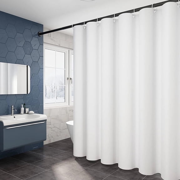MAZBFF White Fabric Shower Curtain Liner with 12 Hooks, 72 x 72 Inches, 100% Polyester, Machine Washable
