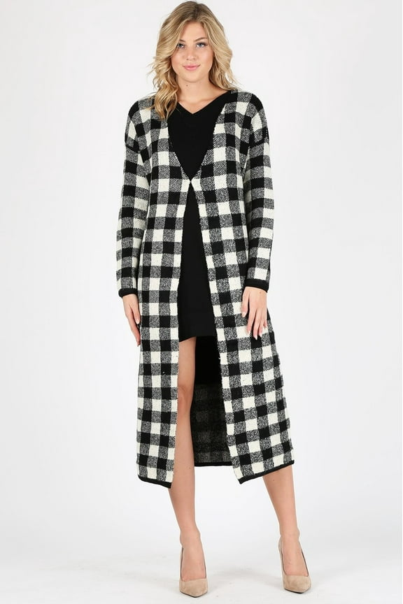 MAZEL Plaid Wool Blend Knit Long Body Sweater with Top Hook Closure